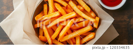 French fries. Pommes frites. Chips. French fries in a paper wrap with ketchup dip 120334635