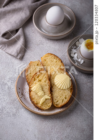 Breakfast with boiled eggs, bread and butter Breakfast with boiled eggs, bread and butter 120334807