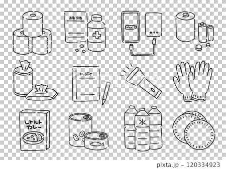シンプルな防災用品のイラストセット 120334923