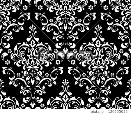 Wallpaper in the style of Baroque. Seamless vector background. White and black floral ornament. Graphic pattern for fabric, wallpaper, packaging. Ornate Damask flower ornament. 120335033