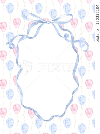 A cute pastel blue card for a boy, with watercolor bows and an oval wreath. Hand drawn design provides space for a personalized greeting, ideal for birthdays, newborn announcements, or baby showers A cute pastel blue card for a boy, with watercolor bows and an oval wreath. Hand drawn design provides space for a personalized greeting, ideal for birthdays, newborn announcements, or baby showers 120335104