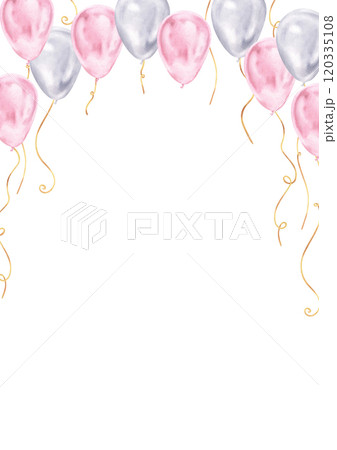 Pink balloons on a white background, perfect for a baby shower or first birthday. This hand drawn watercolor card template offers ample space for invitations or greeting text. Festive pastel tones 120335108