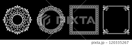 Set of decorative frames Elegant vector element for design in Eastern style, place for text. Floral black and white borders. Lace illustration for invitations and greeting cards. Set of decorative frames Elegant vector element for design in Eastern style, place for text. Floral black and white borders. Lace illustration for invitations and greeting cards. 120335267