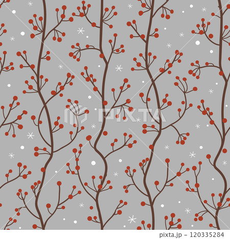 Seamless pattern with red berries branches and snowflakes. Winter background, vector illustration 120335284