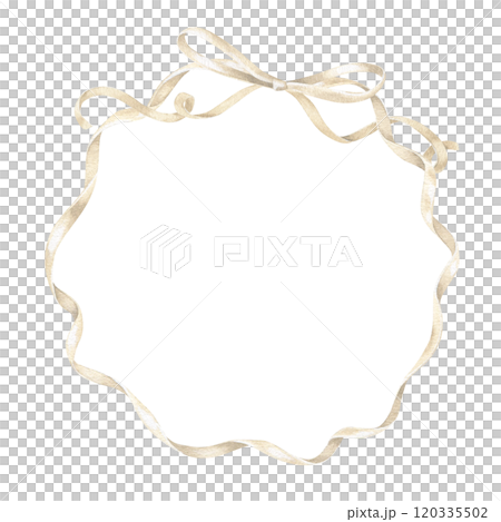 Watercolor ribbon frame with a delicate beige circle design. Hand drawn in a vintage style, perfect for elegant wedding invitations or cards. Soft satin bow adds a graceful touch to the template Watercolor ribbon frame with a delicate beige circle design. Hand drawn in a vintage style, perfect for elegant wedding invitations or cards. Soft satin bow adds a graceful touch to the template 120335502