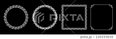 Set of decorative frames Elegant vector element for design in Eastern style, place for text. Floral black and white borders. Lace illustration for invitations and greeting cards. Set of decorative frames Elegant vector element for design in Eastern style, place for text. Floral black and white borders. Lace illustration for invitations and greeting cards. 120335638