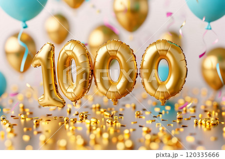 Helium flying golden balloons of number 1000 on festive confetti background. Celebration of one thousand followers or likes in social media concept. Generative AI 120335666
