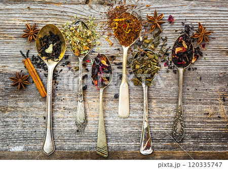 dry teas on wooden background 120335747