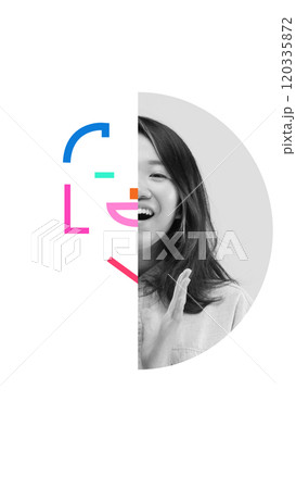 Happy woman with half her face drawn using colorful geometric shapes, mix of joy and fun. Creative conceptual art collage. 120335872