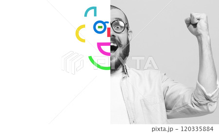 Half-portrait of happy man expressing excitement, with half his face replaced by abstract colorful geometric elements. Creative conceptual art collage. 120335884