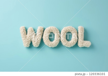 Word "WOOL" made from natural alpaca wool letters on light blue background. Copy space, Generative AI Word "WOOL" made from natural alpaca wool letters on light blue background. Copy space, Generative AI 120336101