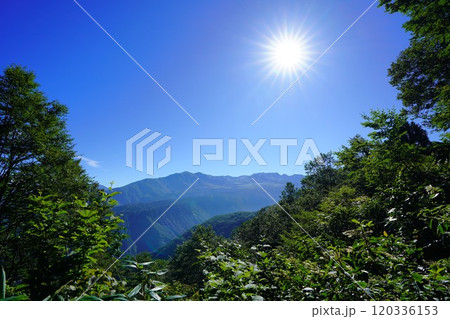 鍬崎山の瀬戸蔵山からの大日岳・奥大日岳・立山と太陽 120336153