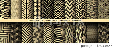 Geometric set of seamless black and golden patterns. Simple vector graphics Geometric set of seamless black and golden patterns. Simple vector graphics 120336271