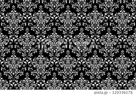 Floral pattern. Vintage wallpaper in the Baroque style. Seamless vector background. White and black ornament for fabric, wallpaper, packaging. Ornate Damask flower ornament. Floral pattern. Vintage wallpaper in the Baroque style. Seamless vector background. White and black ornament for fabric, wallpaper, packaging. Ornate Damask flower ornament. 120336278