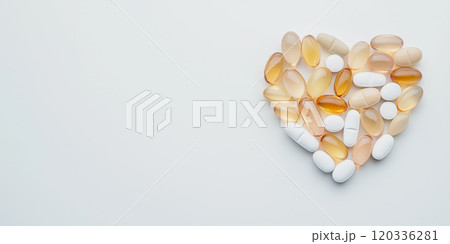Golden shine Omega-3 capsules on heart white bowl. Medicine healthy supplement for healthy diet fish oil. White background close up top view photo Golden shine Omega-3 capsules on heart white bowl. Medicine healthy supplement for healthy diet fish oil. White background close up top view photo 120336281