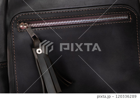 Zipper on Leather Brown Vintage Backpack Close-Up. Zipper on Leather Brown Vintage Backpack Close-Up. 120336289