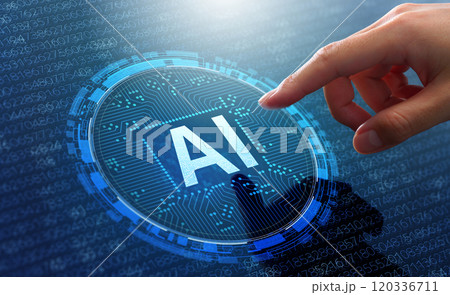 生成AI人工知能とビッグデータ解析。機械学習とビッグデータの処理。AIアイコンをタッチするアナリスト 生成AI人工知能とビッグデータ解析。機械学習とビッグデータの処理。AIアイコンをタッチするアナリスト 120336711