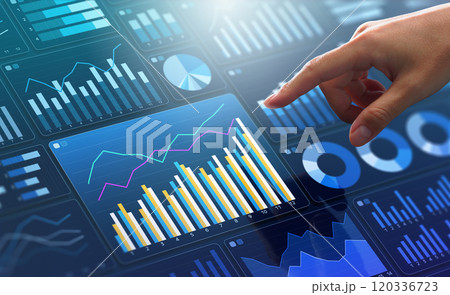 ビジネスマーケティングまたは財務データの分析ダッシュボード。成長するグラフをタッチするアナリストの手 ビジネスマーケティングまたは財務データの分析ダッシュボード。成長するグラフをタッチするアナリストの手 120336723