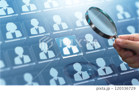 HR、人材管理、採用の分析テクノロジー。人事データベース。雇用者のアイコンを拡大する採用代理店のマネ HR、人材管理、採用の分析テクノロジー。人事データベース。雇用者のアイコンを拡大する採用代理店のマネ 120336729