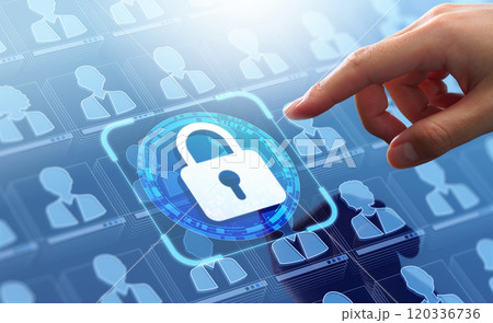 顧客データと個人情報の保護のイメージ。インターネットセキュリティシステム。南京錠のアイコンをタッチす 120336736