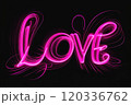The word love written in a glowing, pink swirled font on a black background, an image created by a neural network 120336762
