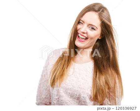Portrait of happy attractive woman wearing light jumper 120336927