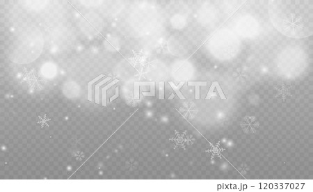 Winter background with snow in transparent Falling Snowflakes. Christmas snowflakes on a transparent background. Snowfall. Christmas or New Year card. Falling Snowflakes 120337027