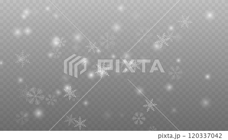 Winter background with snow in transparent Falling Snowflakes. Christmas snowflakes on a transparent background. Snowfall. Christmas or New Year card. Falling Snowflakes 120337042