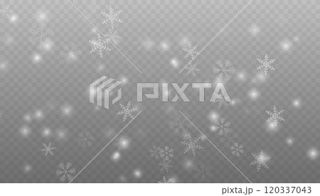 Winter background with snow in transparent Falling Snowflakes. Christmas snowflakes on a transparent background. Snowfall. Christmas or New Year card. Falling Snowflakes 120337043