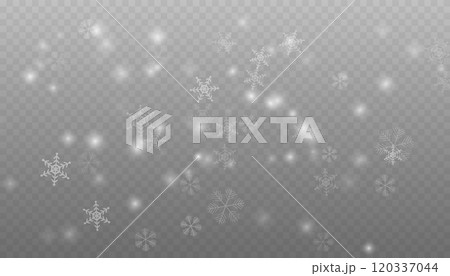 Winter background with snow in transparent Falling Snowflakes. Christmas snowflakes on a transparent background. Snowfall. Christmas or New Year card. Falling Snowflakes 120337044
