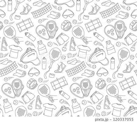 Seamless Padel Tennis Pattern with Rackets, Balls, and Accessories 120337055