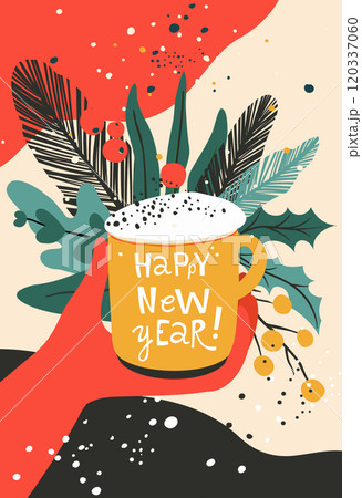 Happy New Year Mug with Festive Foliage - Holiday Illustration 120337060