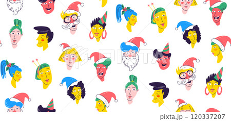 Christmas Party Time unique Characters. Seamless pattern background. Diverse collection of festive faces. 120337207