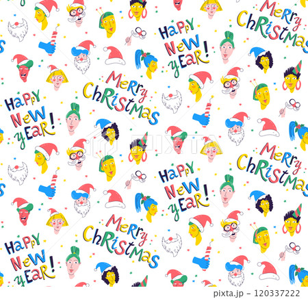 Christmas Party Time unique Characters. Seamless pattern background. Diverse collection of festive faces. Christmas Party Time unique Characters. Seamless pattern background. Diverse collection of festive faces. 120337222