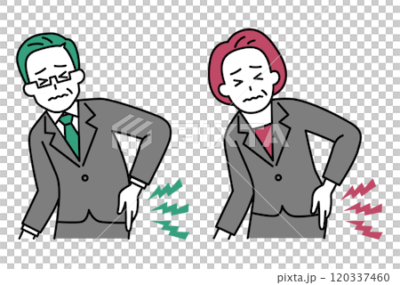 Set of middle-aged men and women in suits suffering from back pain 120337460