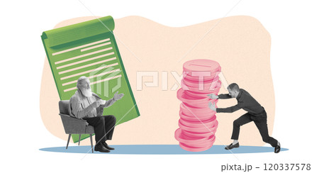 Elderly man consulting with younger person with coins and documents, representing financial guidance and retirement investments. Contemporary art collage. Elderly man consulting with younger person with coins and documents, representing financial guidance and retirement investments. Contemporary art collage. 120337578