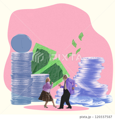 Elderly couple joyfully dancing between stacks of coins and cash, symbolizing successful retirement planning and financial security. Contemporary art collage. Elderly couple joyfully dancing between stacks of coins and cash, symbolizing successful retirement planning and financial security. Contemporary art collage. 120337587