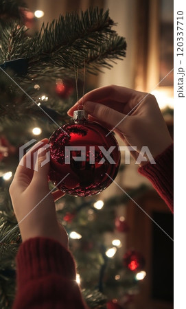 POV of hands in a red sweater placing a glossy red ornament on Christmas tree. Cozy vertical banner POV of hands in a red sweater placing a glossy red ornament on Christmas tree. Cozy vertical banner 120337710