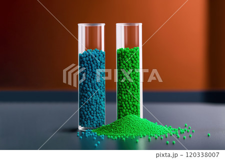 Test tubes filled with biodegradable plastic granules on a lab table 120338007