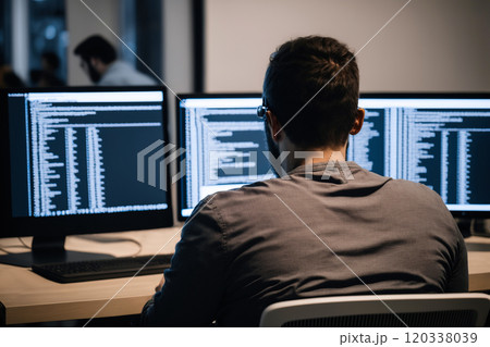 Back view of software developer, coding scripts for cybersecurity company in office. Generative AI Back view of software developer, coding scripts for cybersecurity company in office. Generative AI 120338039