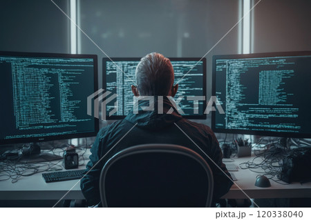 Back view of man coding, programming, developing software for cyber attacks on pc. Generative Ai Back view of man coding, programming, developing software for cyber attacks on pc. Generative Ai 120338040