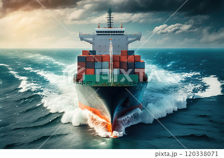 A maritime container ship, carrying cargo to international destinations. Generative AI 120338071