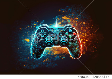 Abstract illustration, a glowing neon light gamepad on a black background. Generative AI 120338147