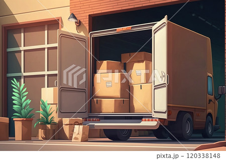 Opened delivery van trunk full with moving boxes parked in warehouse or garage. Generative AI Opened delivery van trunk full with moving boxes parked in warehouse or garage. Generative AI 120338148