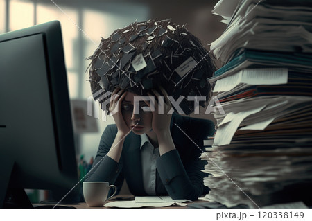 Frustrated female office worker holding her head, very tired of paperwork and bureaucracy. Generative AI Frustrated female office worker holding her head, very tired of paperwork and bureaucracy. Generative AI 120338149