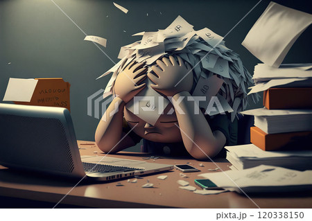Illustration cartoon character entrepreneur holding his head depressed by the amount of paperwork. Generative AI 120338150