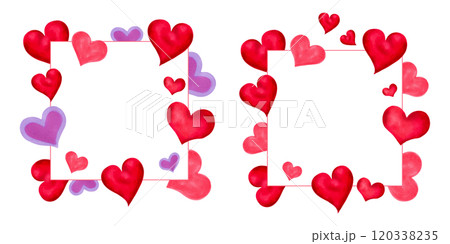 Square frame of red and purple hearts for Valentine's Day, Mother's Day. Watercolor, marker illustrations. Hand drawn isolated art. Background, template with place for text for invitation design. 120338235