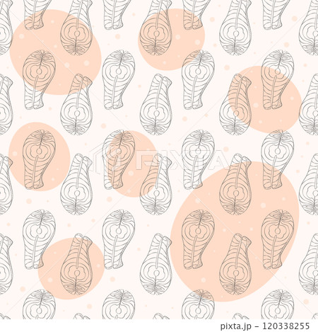 Outline salmon steaks Seamless pattern on trendy pale neutral backdrop with abstract spots and dots 120338255