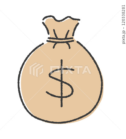 通貨記号の$とお金の入った袋のイラスト - 手書きのシンプルなドルでの貯金や利益のイメージ素材 120338281