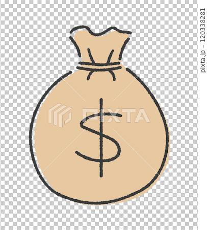通貨記号の$とお金の入った袋のイラスト - 手書きのシンプルなドルでの貯金や利益のイメージ素材 120338281